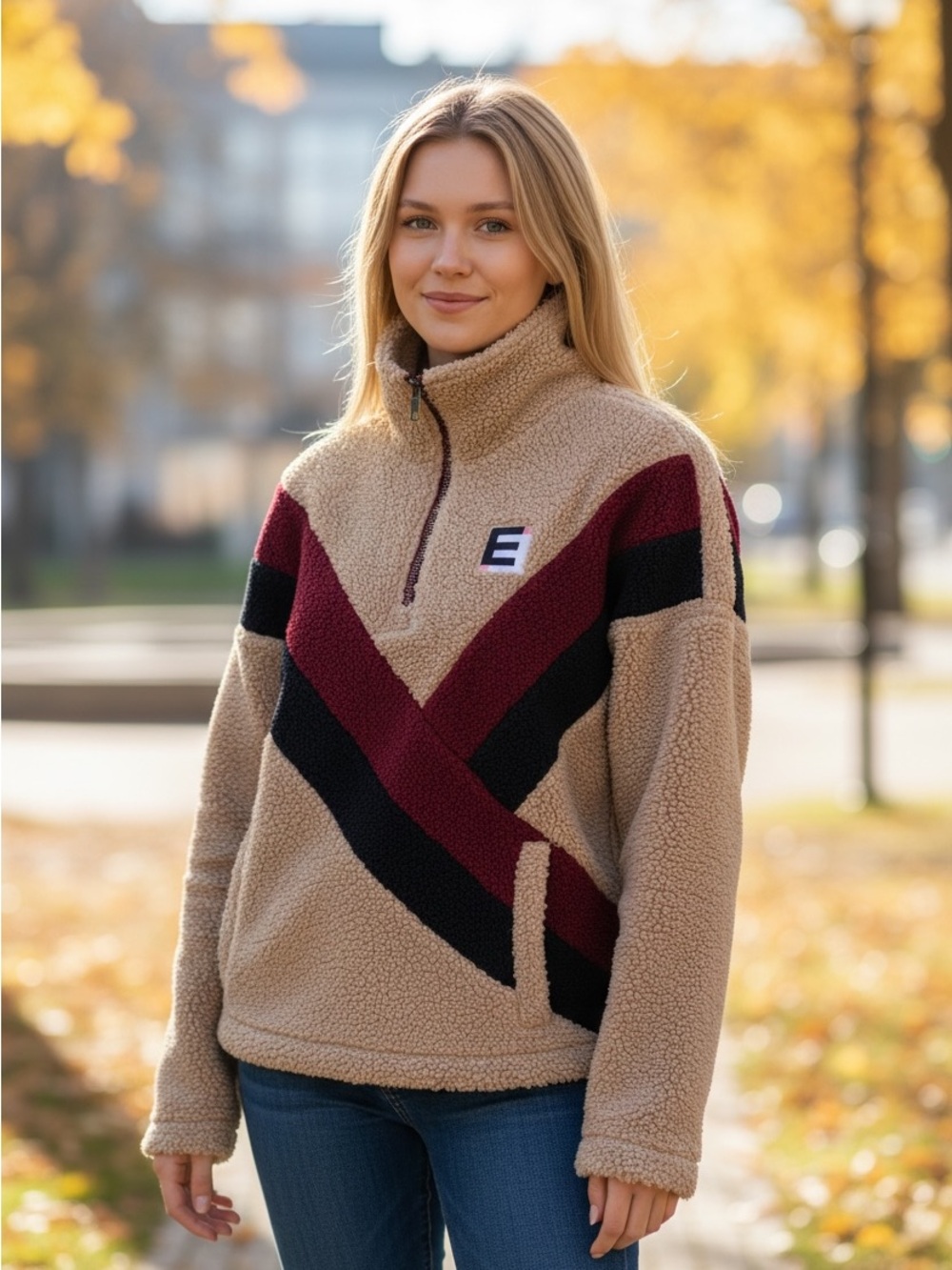 Women’s Sherpa Teddy Pullover Jacket - Tan with Burgundy & Black Chevron